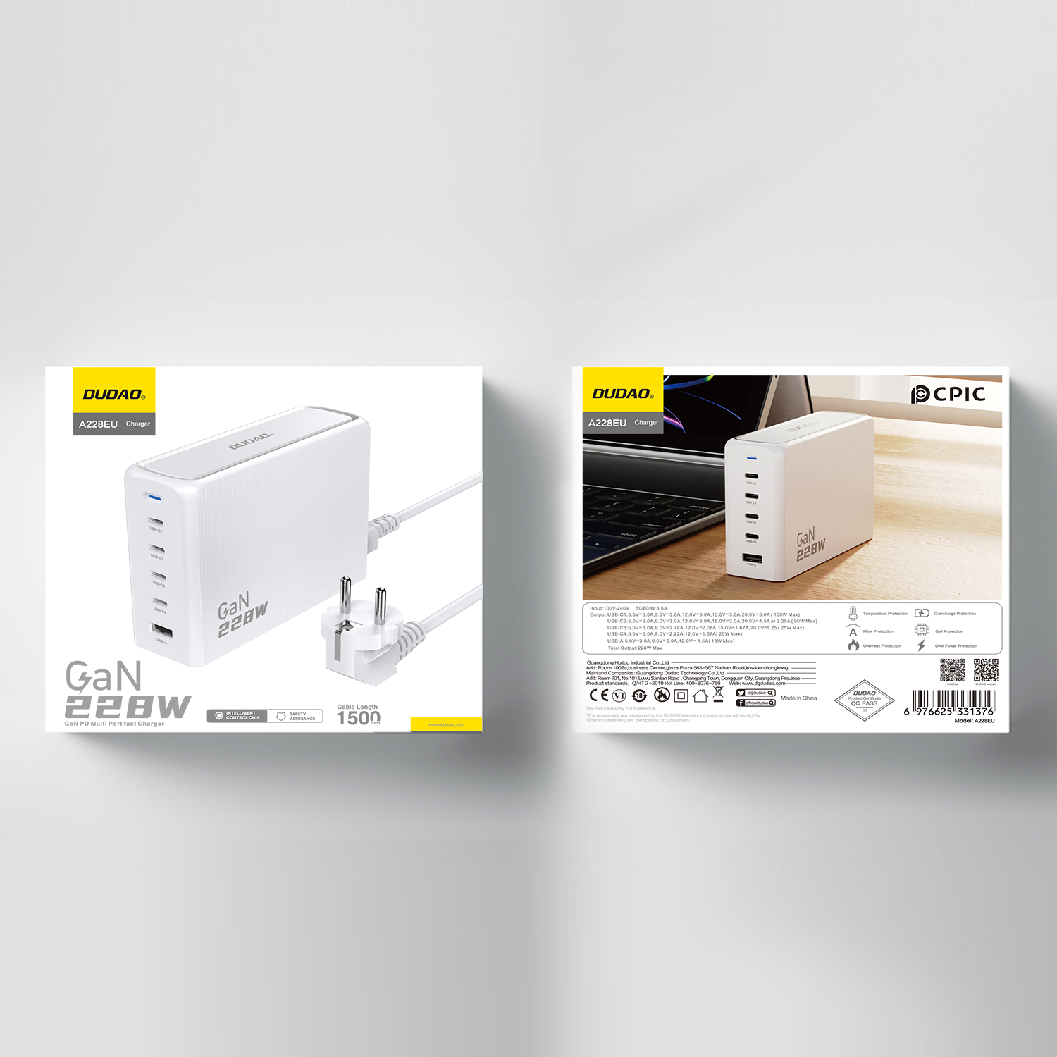 Dudao A228EU 228Watt Adapter GaN 4xUSB-C + 1xUSB-A hvid