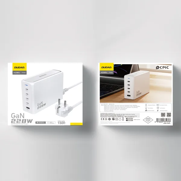 Dudao A228EU 228Watt Adapter GaN 4xUSB-C + 1xUSB-A hvid